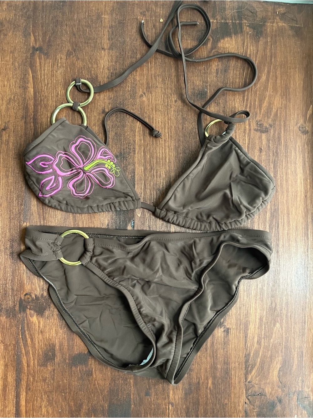 Women’s Brown Bikini Set with Pink Floral Accent